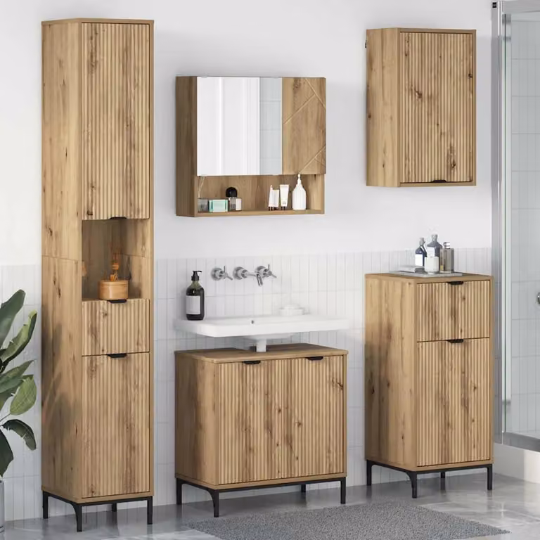Set di mobili da bagno moderno vidaXL in legno e metallo marrone composto da mobile lavabo, pensile e colonna, montaggio a parete