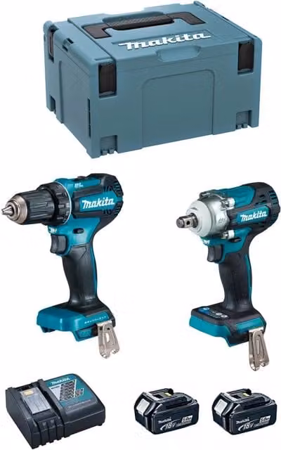 Kit utensili a batteria Makita DLX2452TJ con avvitatore DDF485, avvitatore a impulsi DTW300, 2 batterie da 5,0 Ah e caricabatterie DC18RC in valigetta MAKPAC 3
