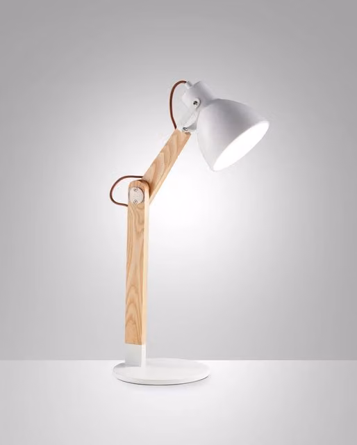 Lampada da Tavolo Sveva Fabas in Metallo e Legno Bianco, Design Moderno con Attacco E27 e Braccio Regolabile