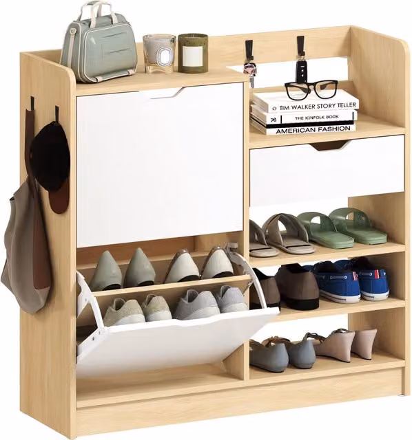 Scarpiera da ingresso XYLO con cassetto e appendiabiti, colore bianco, L: 90 cm, H: 90 cm, P: 30 cm