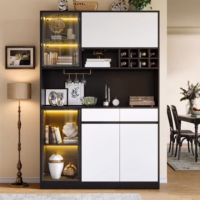 Highboard moderno WISHDOR con LED, ante in vetro, portabottiglie e vani aperti, finitura lucida, L: 180 cm, H: 35 cm, P: 60,7 cm