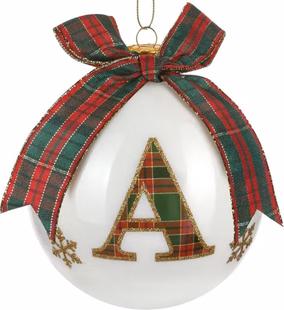 Pallina di Natale KASANOVA in vetro con lettera A e motivo tartan nei colori bianco, rosso e verde, diametro 10 cm