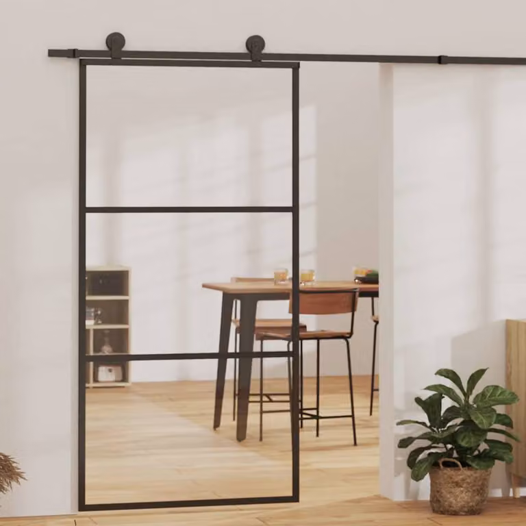 Porta Scorrevole vidaXL in Alluminio e Vetro Trasparente con Kit di Montaggio, Colore Nero, L: 102 cm, H: 205 cm
