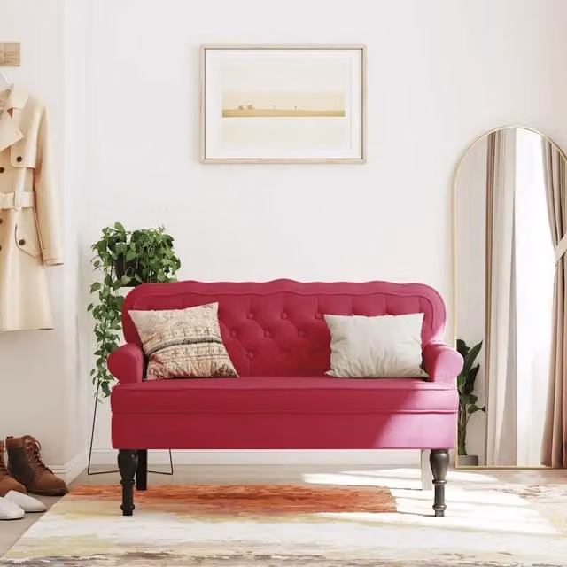 Panca con Schienale Design Mania in Velluto Rosso, L: 119,5 cm, P: 64,5 cm, H: 75 cm