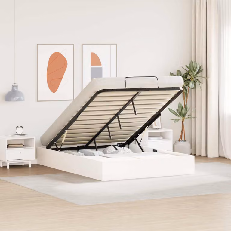 vidaXL Letto Ottomano con Ripostiglio in Legno di Pino e Rivestimento in Tessuto Bianco L: 140 cm, P: 190 cm