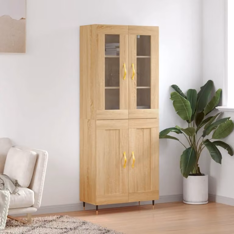 Credenza moderna vidaXL in legno e vetro color rovere, L: 69,5 cm, P: 34 cm, H: 180 cm