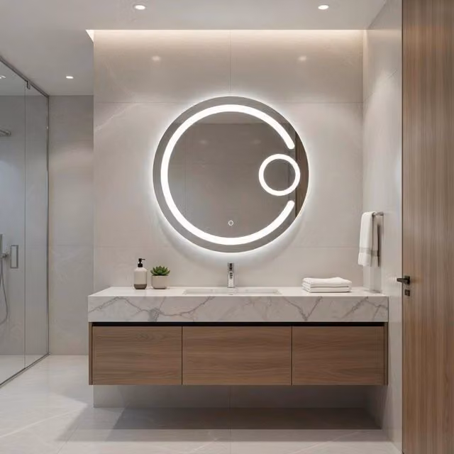 Specchio rotondo con illuminazione LED e touch switch modello EMILIO di Taco, colore argento, Diametro: 70 cm