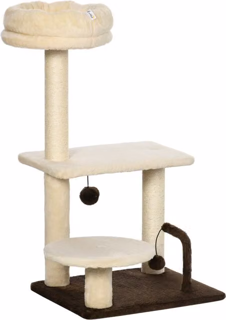 Albero tiragraffi per gatti PawHut con palo in sisal, posatoio e giocattoli integrati, in beige, L 38 x P 38 x H 74 cm