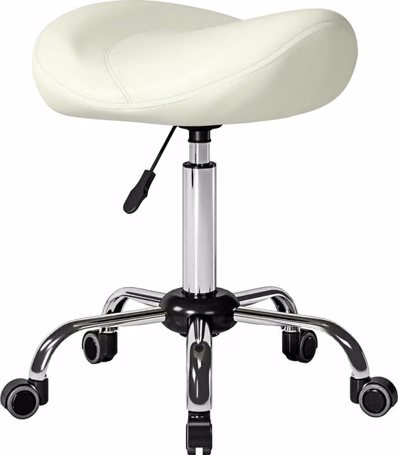 Sgabello a sella regolabile HOMCOM in ecopelle con ruote per massaggi e spa, colore crema