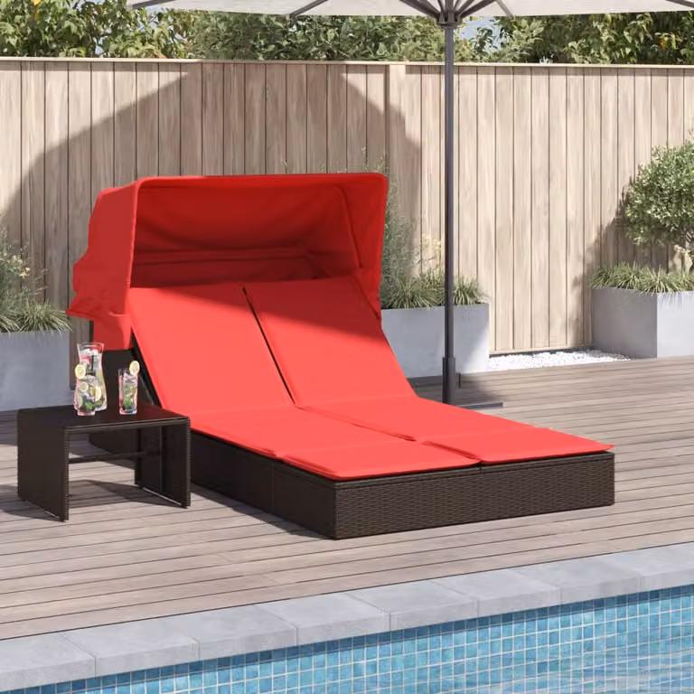 vidaXL Lettino prendisole doppio in Polyrattan marrone con tettuccio parasole e cuscini regolabili