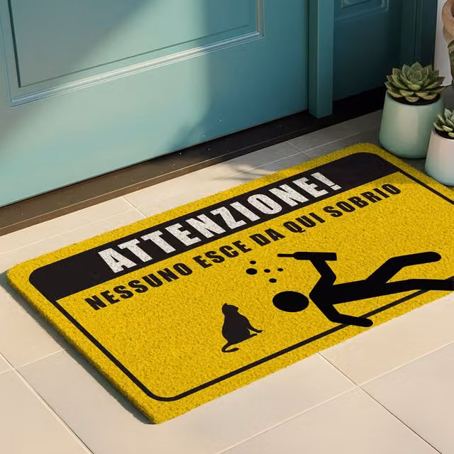 Zerbino rettangolare con scritta Attenzione in polipropilene e PVC, fondo antiscivolo e dirt repellent, colore giallo, L: 70 cm, P: 40 cm