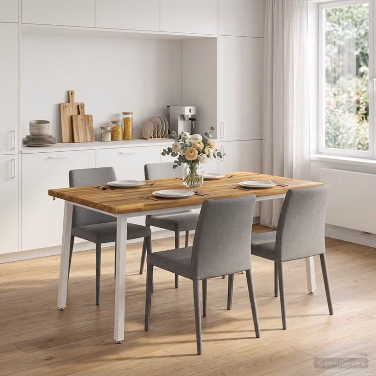 vidaXL Tavolo da pranzo moderno in legno di acacia con bordo vivo e struttura in metallo, Bianco, L: 160 cm, P: 80 cm, H: 75 cm