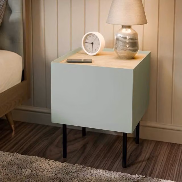 Set di 2 comodini Preci DMORA con cassetto e vano interno, finitura effetto liscio, L 40 cm x P 41 cm x H 60 cm, Verde e Rovere