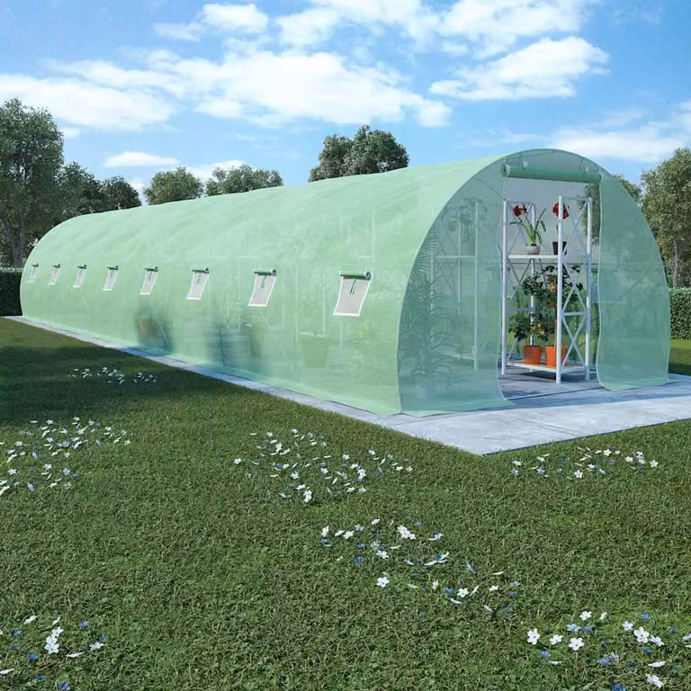 Serra vidaXL verde con finestre in plastica e struttura in acciaio zincato, 36 m², L: 1200 cm, P: 300 cm, H: 200 cm