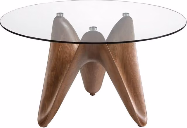Tavolo da pranzo rotondo moderno Angel Cerdà in vetro temperato trasparente e noce, Diametro: 130 cm, Altezza: 75 cm