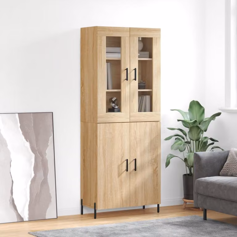Credenza moderna vidaXL in rovere con ante in vetro e ripiani interni, L 69,5 cm x P 34 cm x H 180 cm