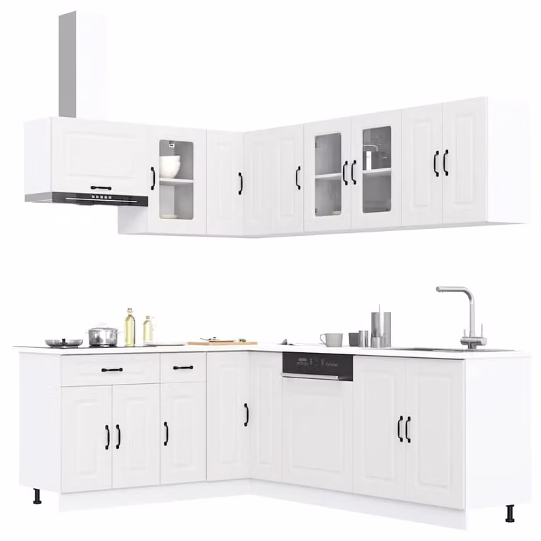 Set di mobili da cucina Kalmar vidaXL 11 pezzi in legno multistrato bianco con ante in vetro e design moderno