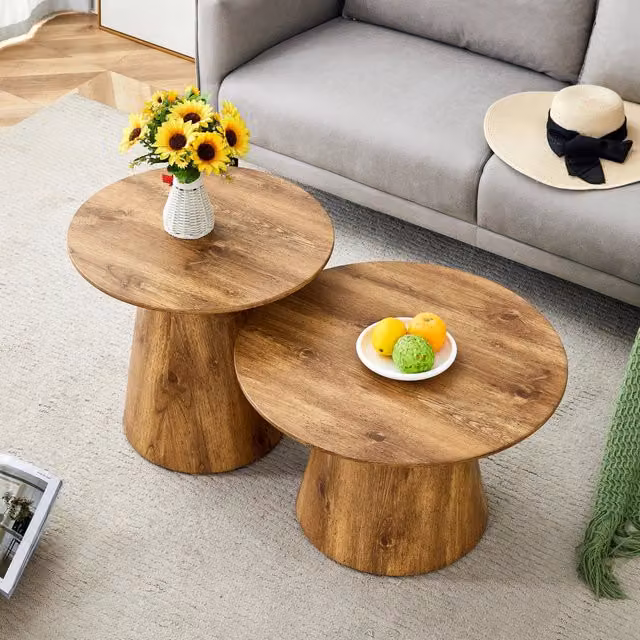 Set di 2 tavolini bassi rotondi OKWISH per soggiorno in MDF color marrone con finitura opaca e design moderno