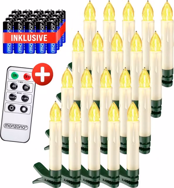 Set di 20 candele a forma di albero di Natale Monzana® LED bianco caldo con effetto flickering, timer e telecomando, alimentazione a batteria