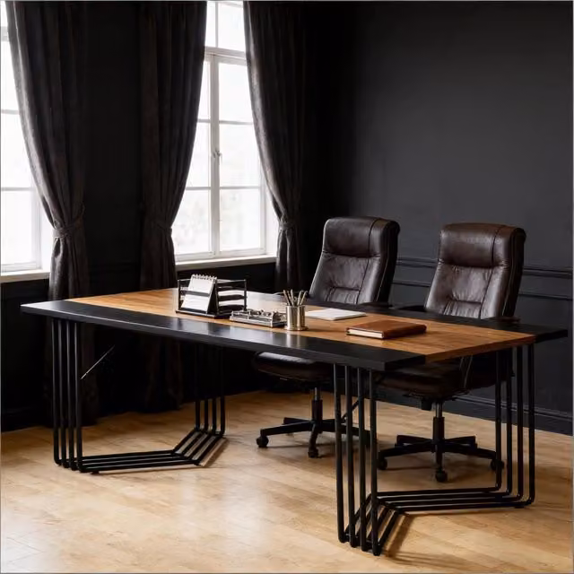 Tavolo rettangolare Mivray in MDF e metallo per ufficio o sala da pranzo, finitura rustica opaca, nero e marrone, L: 200 cm, P: 100 cm, H: 75 cm