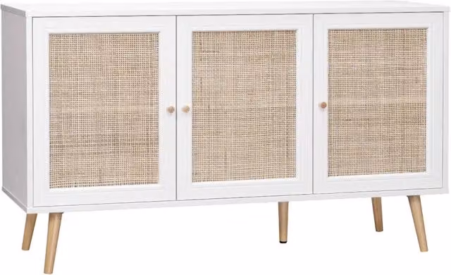 Credenza Sweeek in legno e rattan con design boho, colore bianco, L: 120 cm, H: 70 cm