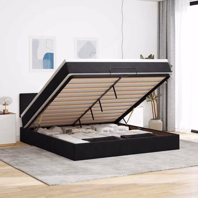 Struttura Letto con Materasso e Pouf vidaXL in Velluto Nero L: 160 cm, P: 200 cm, H: 88 cm