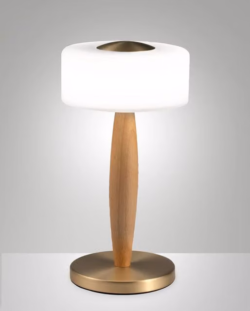 Lampada da tavolo Elea Fabas con LED da 8W, 860lm e luce calda 3000K, struttura in metallo, legno e vetro soffiato con regolazione touch dimmabile, Colore Ottone satinato