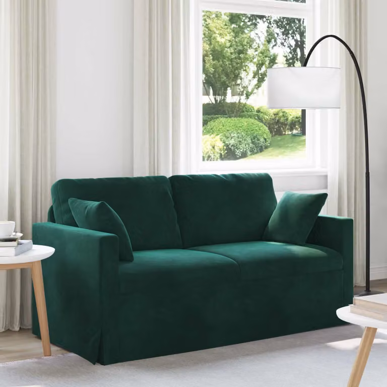Divano moderno vidaXL in velluto verde con struttura in metallo e coperture rimovibili L: 158 cm, P: 78 cm, H: 80 cm