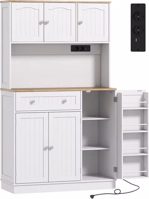 HOMCOM Credenza da Cucina Alta con Stazione di Ricarica e Piano per Microonde, Ripiani Regolabili e 4 Rastrelliere per Spezie, Bianco, Altezza: 173 cm