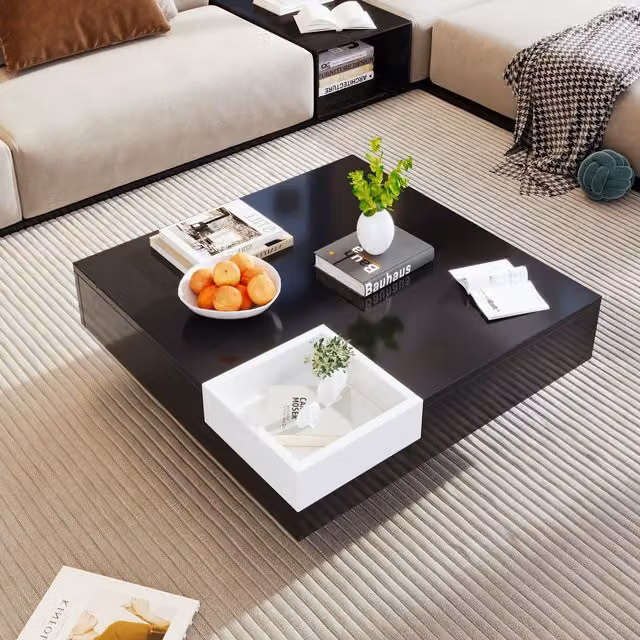 Tavolino da salotto moderno GL Store nero lucido con scatola portaoggetti rimovibile ed effetto luce LED L/P/H: 72 x 72 x 30 cm
