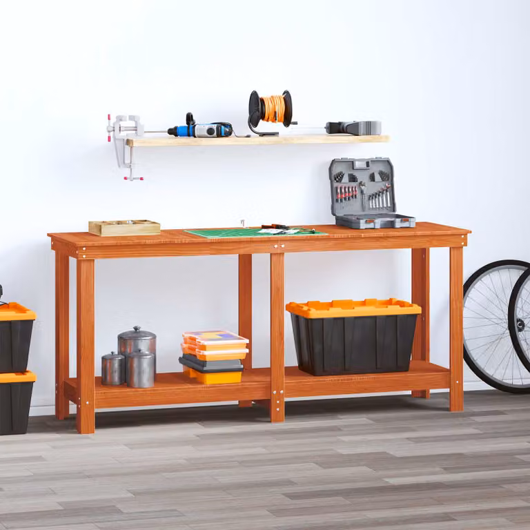 vidaXL Banco da lavoro con scaffale in legno Marrone Cera L 180 cm x P 50 cm x H 80 cm