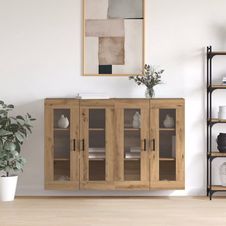 Set di 2 armadi da muro vidaXL in rovere marrone con ante in vetro e ripiani interni, L: 69,5 cm, P: 34 cm, H: 90 cm