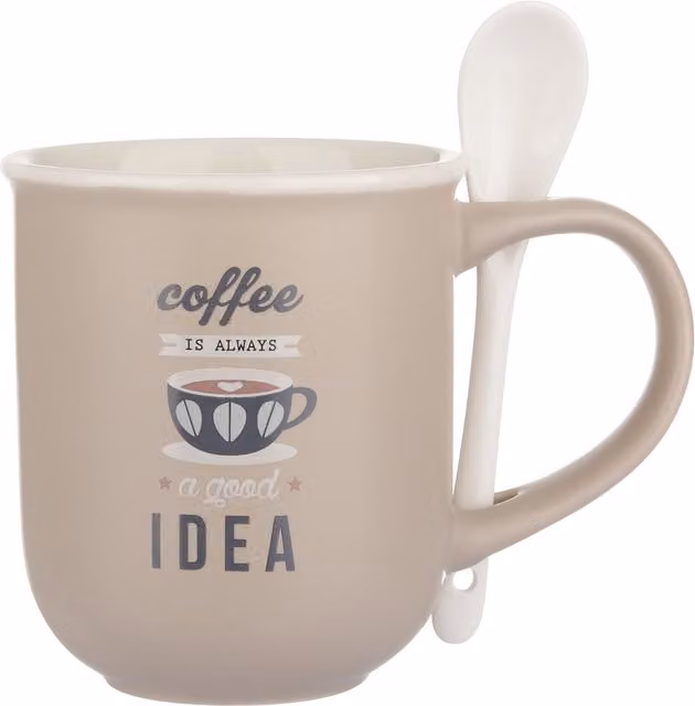 Mug da caffè KASANOVA in ceramica beige con cucchiaino, capacità 400 ml