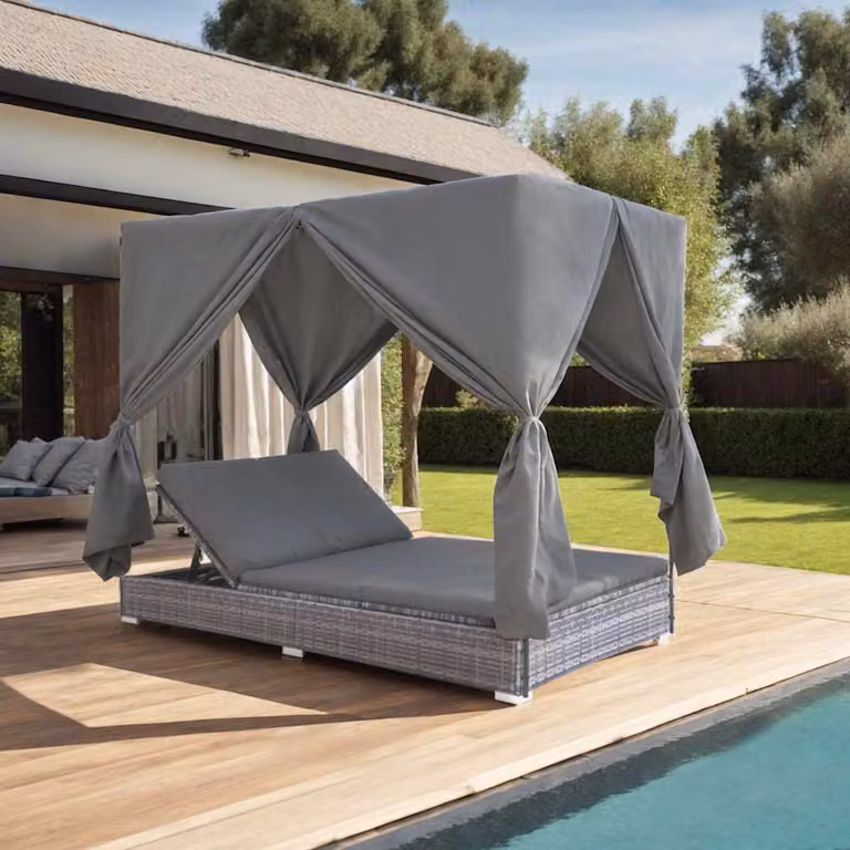 vidaXL Lettino Prendisole con Tenda in Polyrattan e Acciaio Grigio L: 197 cm, P: 140 cm, H: 180 cm
