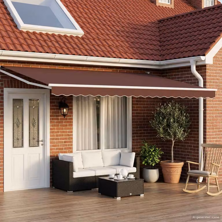 Tettuccio elettrico retrattile vidaXL marrone con bracci pieghevoli in alluminio e copertura in poliestere L: 4 m, P: 3 m