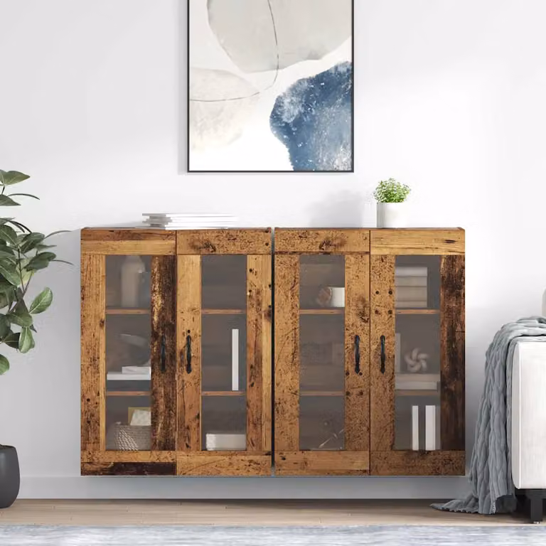 Set di 2 armadi da parete vidaXL in legno e vetro marrone con ante in vetro, L: 69,5 cm, P: 34 cm, H: 90 cm