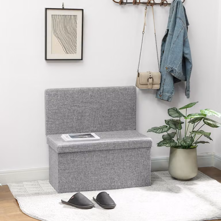 Panca Contenitore Pieghevole HOMCOM con Schienale e Vano da 77L in Tessuto Grigio, L 76 x P 50 x H 73 cm
