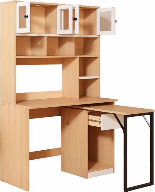 Scrivania ad angolo con libreria e armadietti Aosom in MDF, colore legno e bianco, L 110 x P 55 x H 180 cm