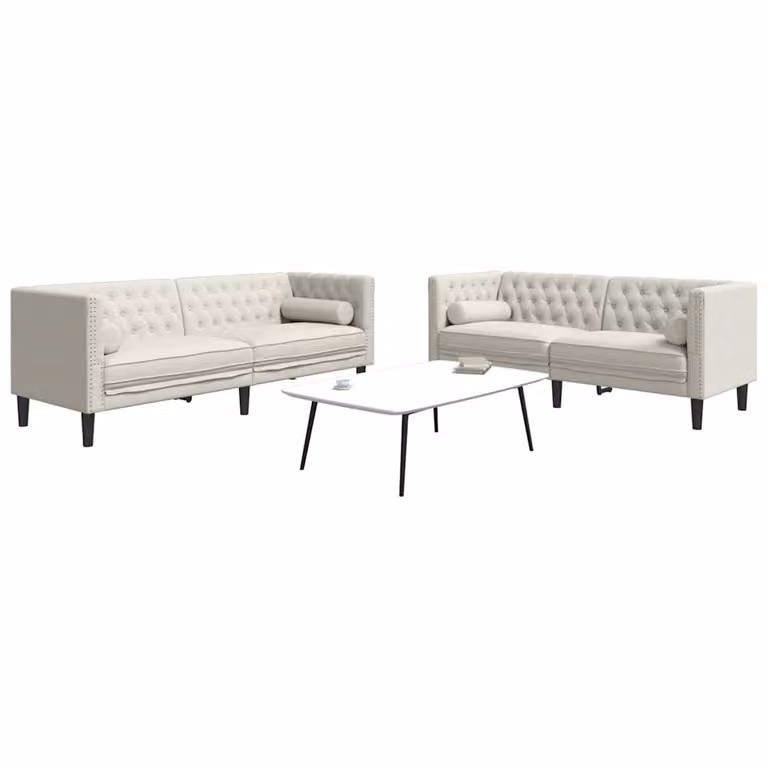 Set di 2 divani Chesterfield vidaXL in velluto beige con cuscini e struttura in legno massiccio