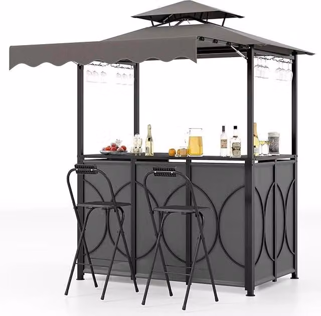 Gazebo per Barbecue COSTWAY con Tavolo Bar, 2 Sgabelli Pieghevoli e Ripiani in Metallo, Grigio e Marrone, L/P/H: 193 x 117 x 240 cm