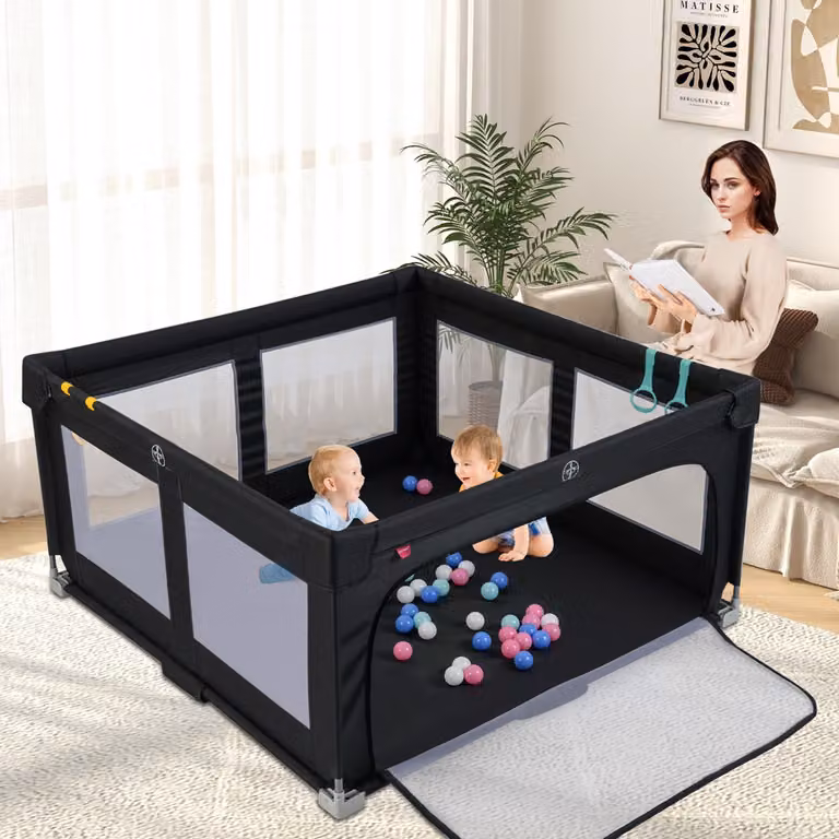 Recinto pieghevole per bambini Costway con cancello a cerniera, Nero, L 150 cm x P 150 cm