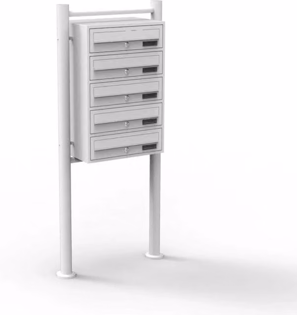 Blocco di 5 cassette postali autoportanti in acciaio zincato bianco con 5 ingressi L/P/H: 90 x 38,5 x 58,2 cm