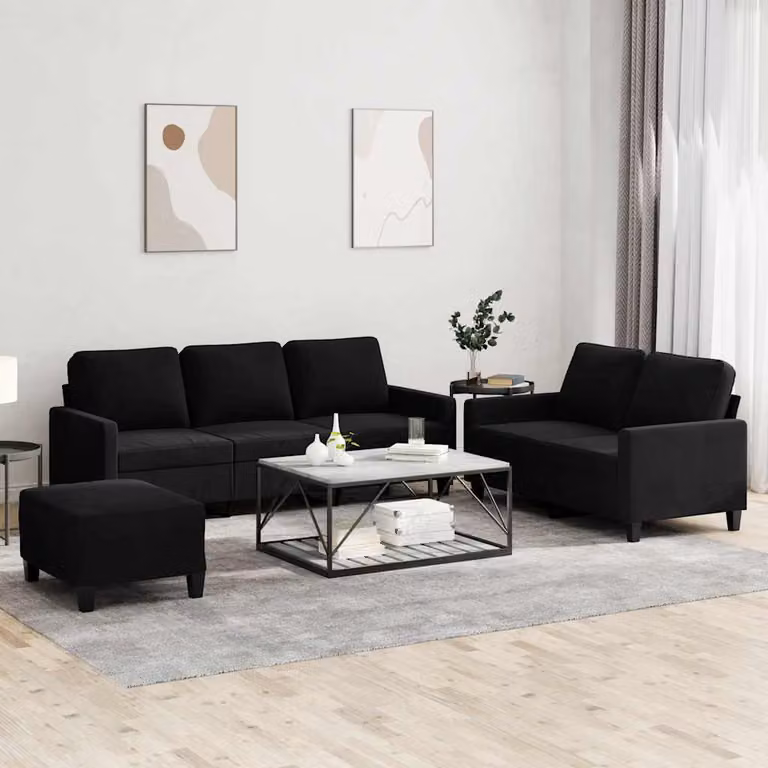 Set di divani vidaXL 3 pezzi in velluto nero con pouf e cuscini per soggiorno