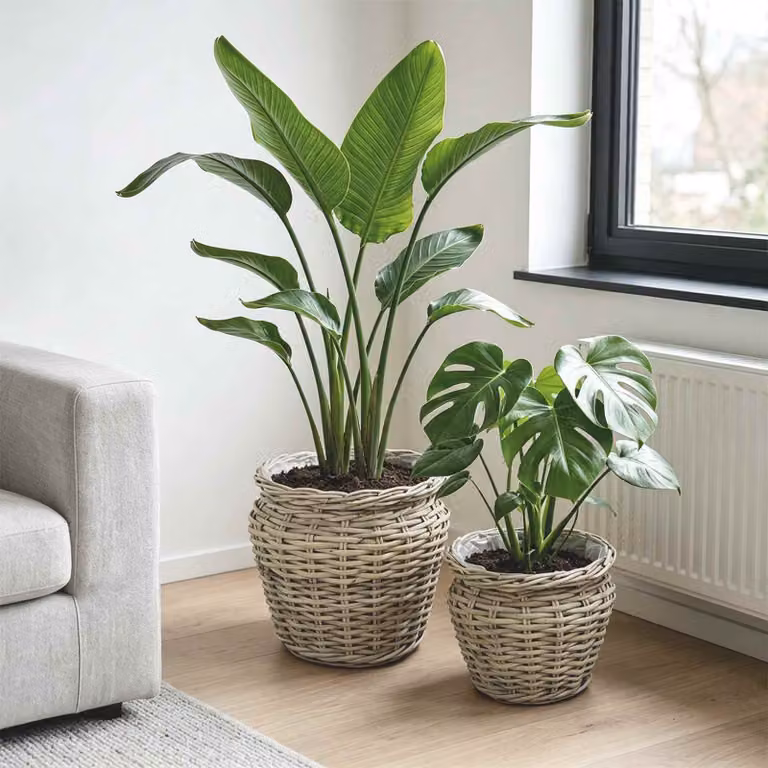 Set di 2 cesti per piante vidaXL GENDT in rattan Kubu con coperchio, Grigio naturale e Beige, L: 40 cm, P: 40 cm, H: 35 cm