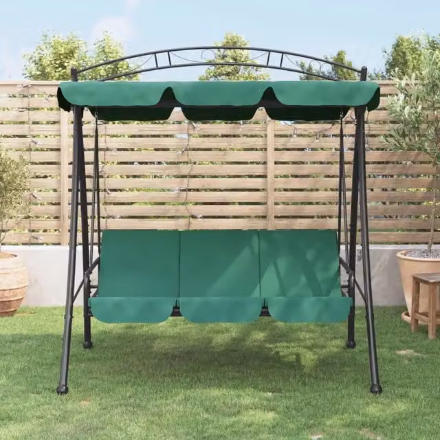 Panca a Dondolo con Baldacchino vidaXL Verde, Convertibile in Letto con Cuscini Inclusi, Struttura in Acciaio Verniciato e Tessuto per Giardino