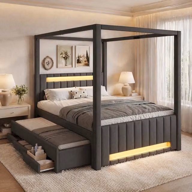 Letto a baldacchino moderno REDOM in tessuto grigio e legno con cassetti e illuminazione LED L/P/H: 211.8 x 141.5 x 186.0 cm