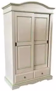 Armadio Treviso KIVIO in legno stile shabby chic con ante scorrevoli, colore avorio anticato e filo verde, L: 125 cm, P: 60 cm, H: 200 cm