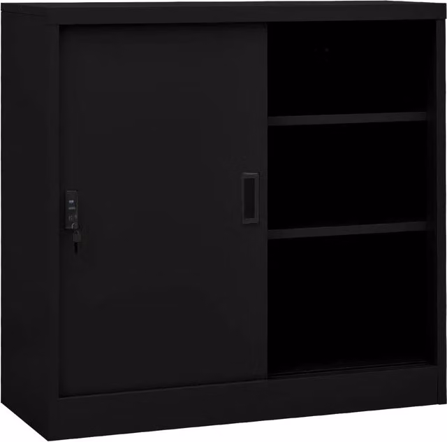 Armadio da ufficio moderno HELLOSHOP26 in metallo nero opaco con ante scorrevoli e ripiani regolabili L: 90 cm, P: 40 cm, H: 90 cm
