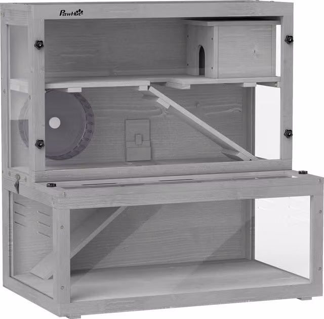Gabbia per criceti in legno PawHut a 3 livelli con casetta, ruota, rampe e pannello trasparente, Grigio, L 80 cm x P 50 cm x H 84 cm