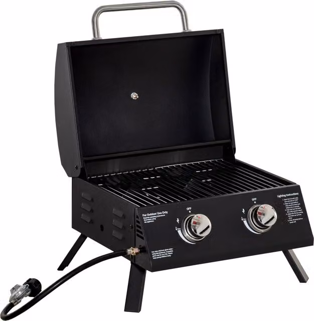 Barbecue a gas pieghevole da tavolo Outsunny con coperchio e termometro in acciaio, Nero, L 55 cm x P 46.5 cm x H 41 cm